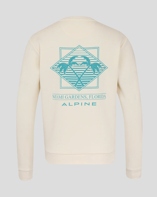 Back view of cream BWT Alpine Miami sweatshirt featuring teal Miami Gardens palm trees graphic and Alpine branding.