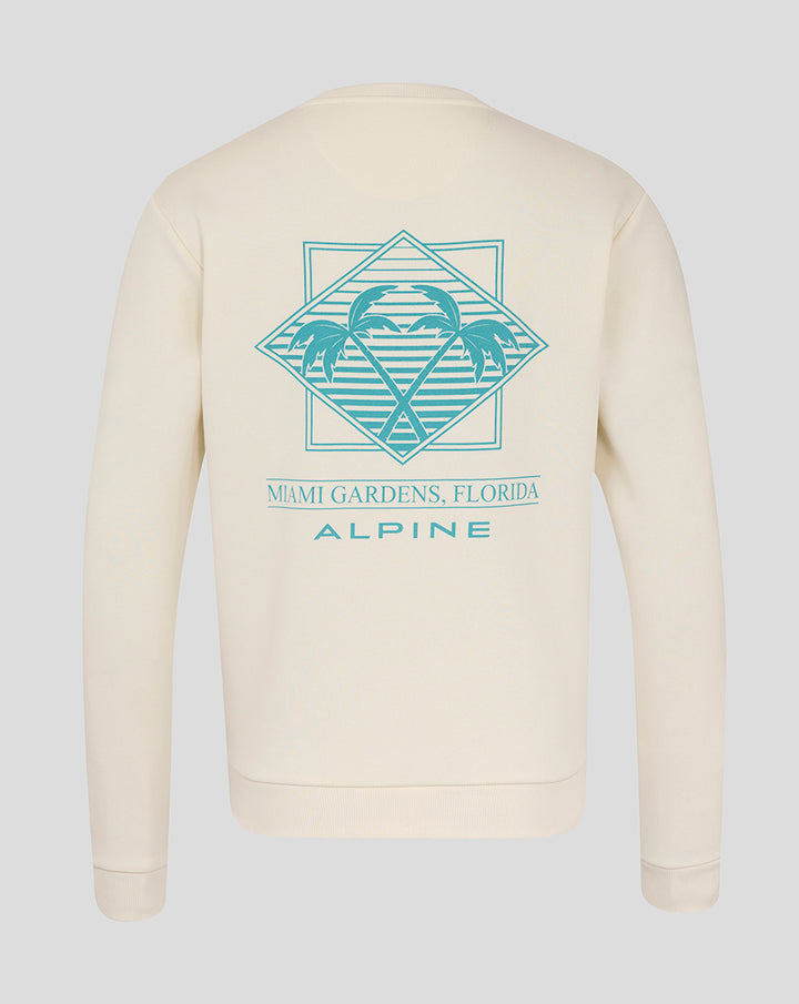 Back view of cream BWT Alpine Miami sweatshirt featuring teal Miami Gardens palm trees graphic and Alpine branding.