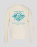 Back view of cream BWT Alpine Miami sweatshirt featuring teal Miami Gardens palm trees graphic and Alpine branding.