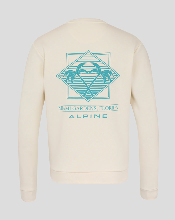 Back view of cream BWT Alpine Miami sweatshirt featuring teal Miami Gardens palm trees graphic and Alpine branding.