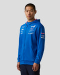 Blue Formula One Team hoodie worn by a model, front view with a full length zip and logos on the chest and sleeve