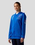 Front-on view of blue BWT Alpine Formula One Team hoodie with multiple sponsor logos on chest and sleeve