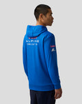 Blue BWT Alpine Formula One Team hoodie on a male model, back view with bold branding across the upper back