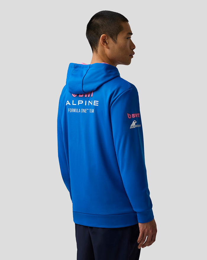 Blue BWT Alpine Formula One Team hoodie on a male model, back view with bold branding across the upper back