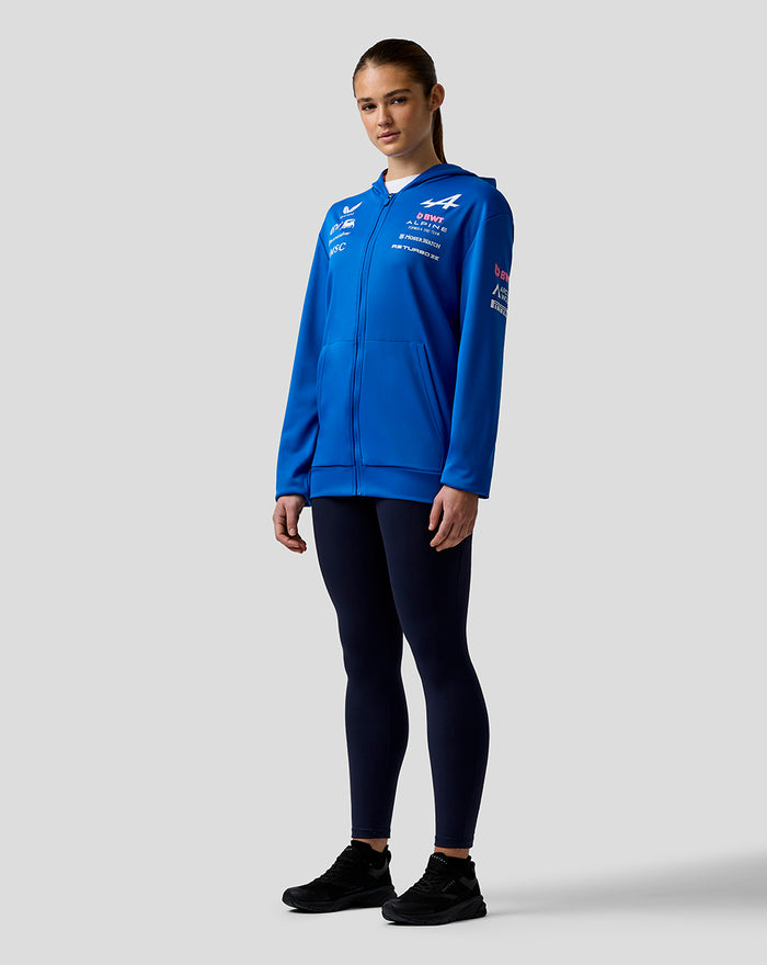 Blue BWT Alpine Formula One Team hoodie worn by a model front view with sponsor logos on chest and sleeve