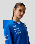 Blue zip hoodie on a model, front view with multiple sponsor logos across the chest
