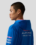 Back view of the blue BWT Alpine Formula One Team hoodie with ALPINE branding across the back and pink hood lining