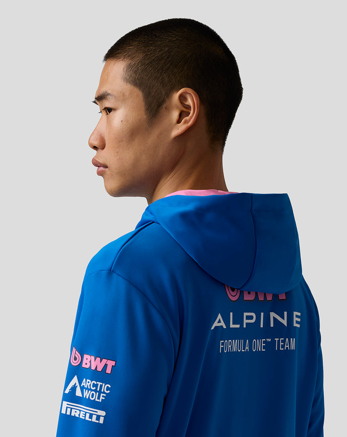 Back view of the blue BWT Alpine Formula One Team hoodie with ALPINE branding across the back and pink hood lining