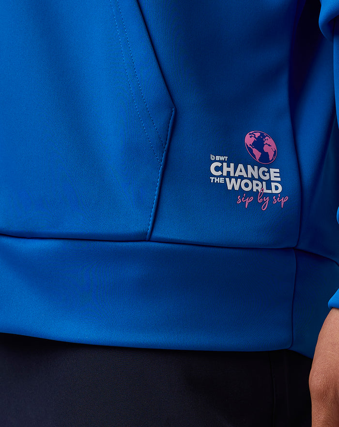 Blue unisex zip hoodie with pink globe and CHANGE THE WORLD logo on the chest