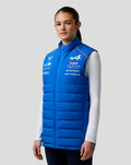 Female model in blue BWT Alpine Formula One Team gilet with chest logos and a front zip