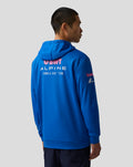 Back view of a bright blue BWT Alpine Formula One Team hoodie on a model, showing large back logos.