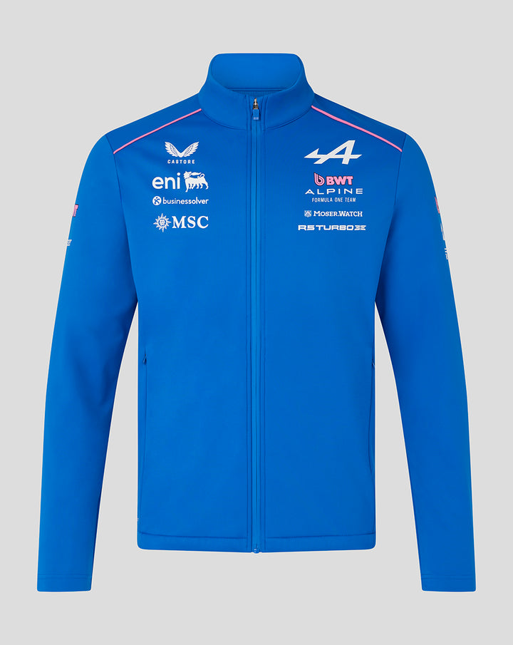 Official blue BWT Alpine Formula One Team soft shell jacket with zip front funnel neckline pink piping and sponsor logos