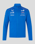 Official blue BWT Alpine Formula One Team soft shell jacket with zip front funnel neckline pink piping and sponsor logos