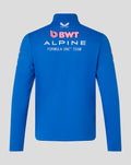 Back view of blue BWT Alpine Formula One Team jacket with large Alpine logo across upper back and sponsor logos on sleeves