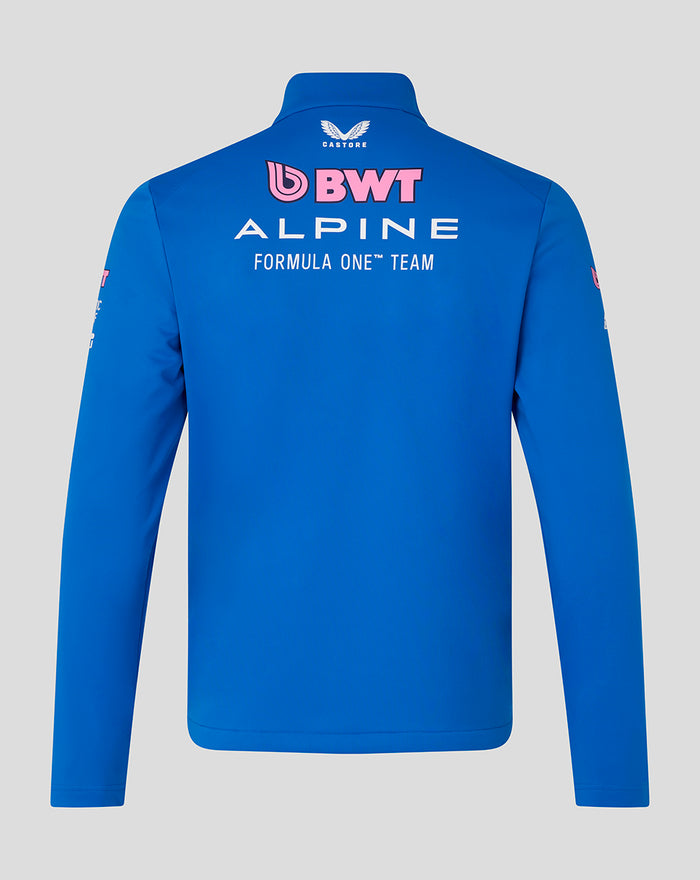 Back view of blue BWT Alpine Formula One Team jacket with large Alpine logo across upper back and sponsor logos on sleeves