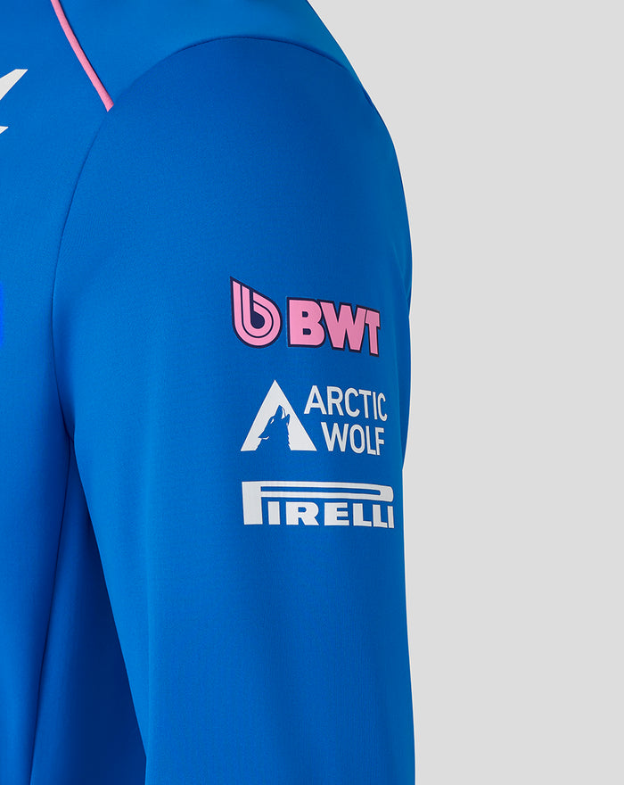 Blue Official BWT Alpine Formula One Team Soft Shell Jacket sleeve with BWT Arctic Wolf and Pirelli logos