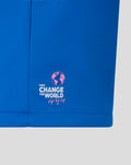 Blue jacket hem featuring the Change the World logo in pink and white