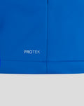 Blue ProTek jacket fabric close up with PROTEK wordmark near the hem