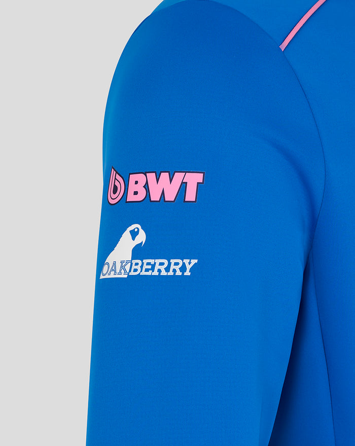 Blue Formula One Team Soft Shell Jacket sleeve with pink piping and BWT and Oakberry logos