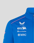 Blue jacket chest area with sponsor logos Castore eni businesssolver MSC and pink shoulder piping