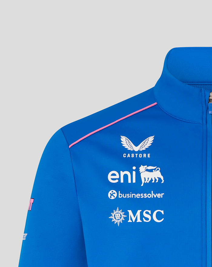 Blue jacket chest area with sponsor logos Castore eni businesssolver MSC and pink shoulder piping