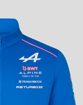 Blue BWT Alpine Formula One Team soft shell jacket with pink piping and team logos on the chest