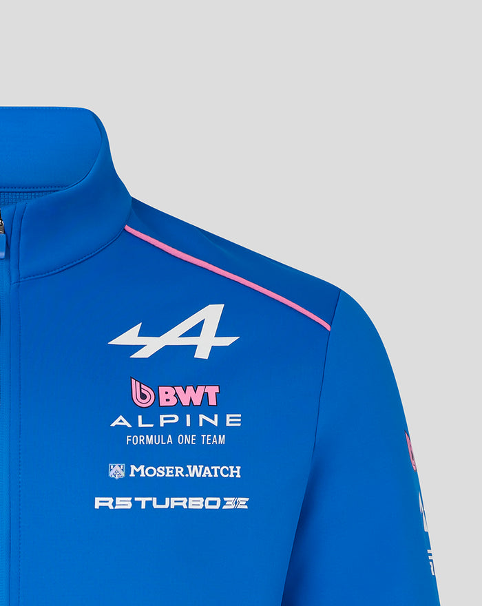 Blue BWT Alpine Formula One Team soft shell jacket with pink piping and team logos on the chest
