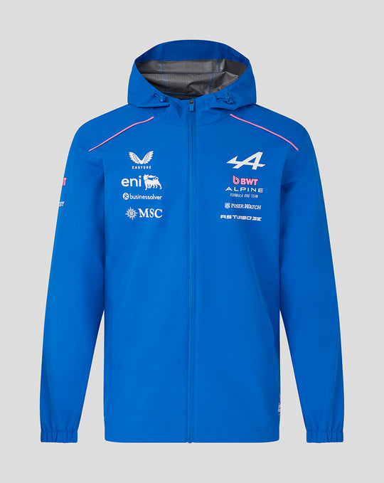 Blue BWT Alpine Formula One Team rain jacket with hood chest logos and front zip.