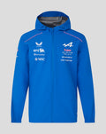 Blue BWT Alpine Formula One Team rain jacket with hood chest logos and front zip.