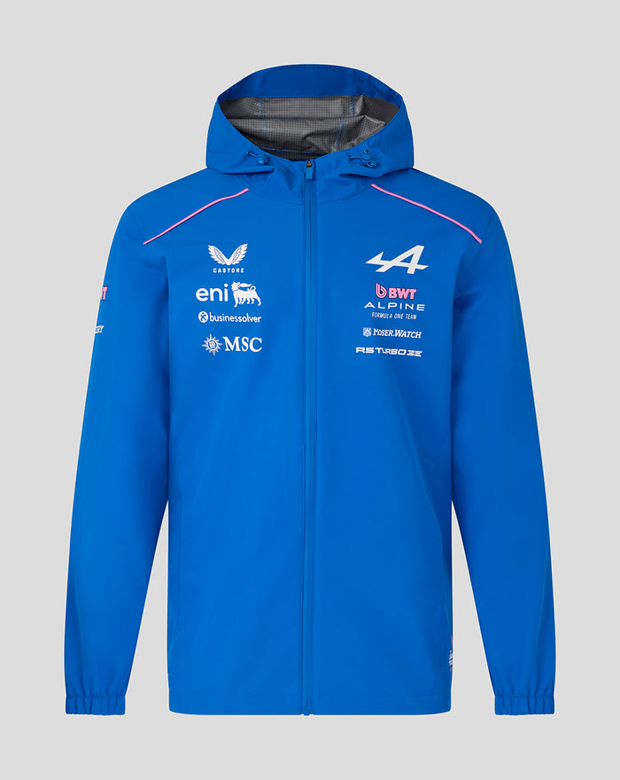 Blue BWT Alpine Formula One Team rain jacket with hood chest logos and front zip.