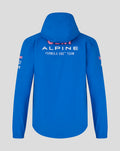 Back view of bright blue Alpine Formula One rain jacket with BWT Alpine branding on upper back