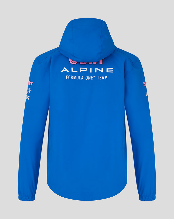 Back view of bright blue Alpine Formula One rain jacket with BWT Alpine branding on upper back