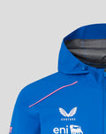 Hooded blue rain jacket with grid-lined interior and prominent Castore and eni logos on the chest and pink piping