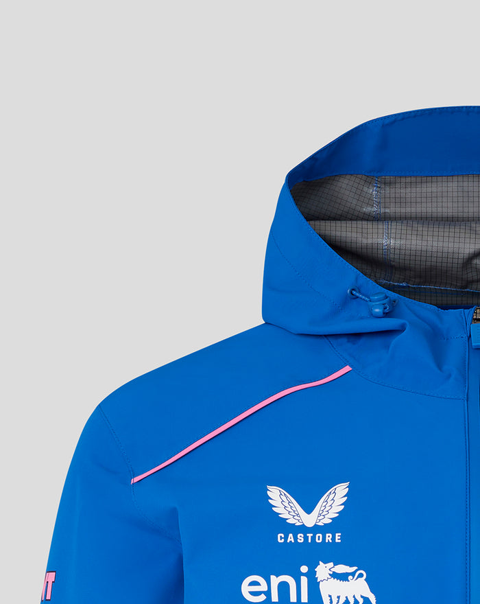 Hooded blue rain jacket with grid-lined interior and prominent Castore and eni logos on the chest and pink piping