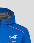 Close up of the blue BWT Alpine rain jacket hood with gray grid lining and drawcord toggle, partial chest logo visible.