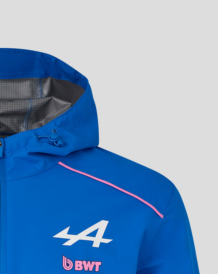 Close up of the blue BWT Alpine rain jacket hood with gray grid lining and drawcord toggle, partial chest logo visible.