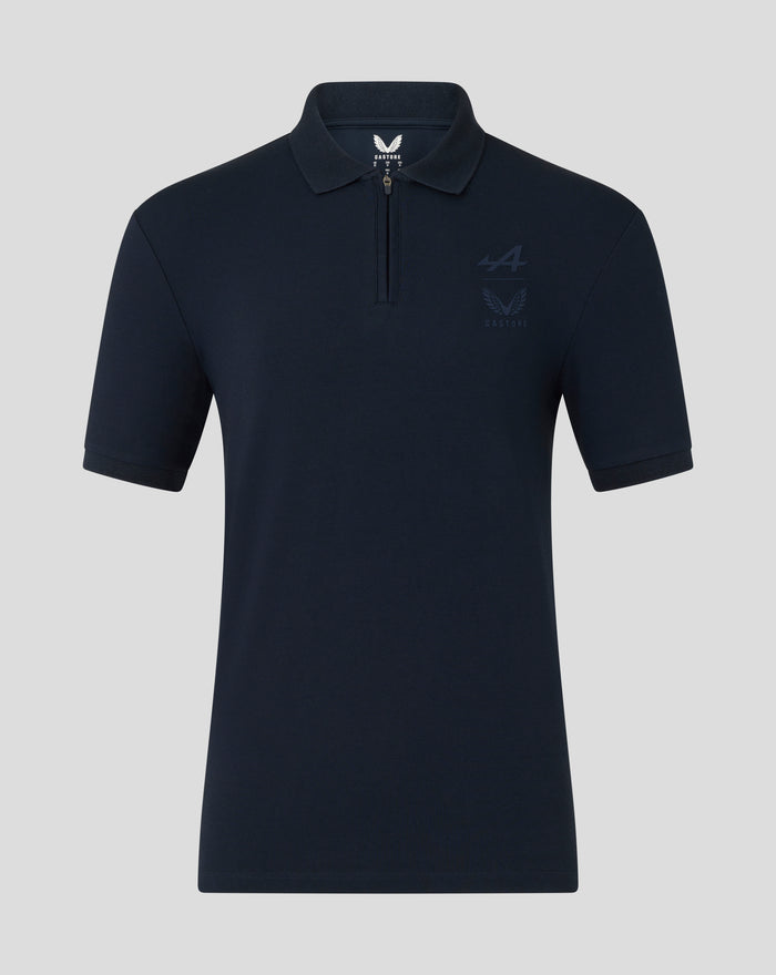 Navy travel polo with Alpine A and Castore branding on left chest and rib collar with concealed silver zip