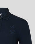 Navy Formula One Team polo with rib pointed collar and concealed silver zip left chest Alpine A Castore branding.