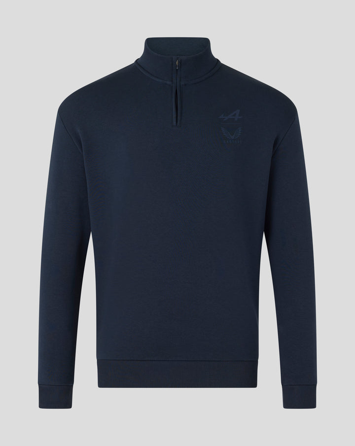 Navy oversized travel collection quarter zip with funnel collar and Alpine A and Castore branding on the left chest.