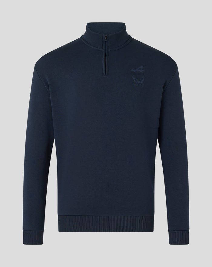 Navy oversized travel collection quarter zip with funnel collar and Alpine A and Castore branding on the left chest.