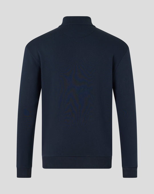 Back view of navy oversized travel collection funnel collar quarter zip top.