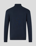 Back view of navy oversized travel collection funnel collar quarter zip top.