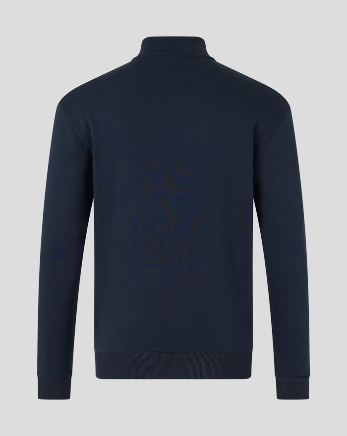 Back view of navy oversized travel collection funnel collar quarter zip top.