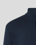 Close up of navy oversized quarter zip with funnel collar and concealed zipper, Alpine A Castore branding on chest