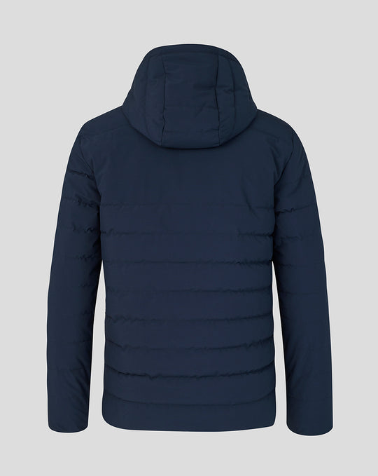 Back view of navy BWT Alpine Travel Collection Winter Jacket with quilted padding and hood