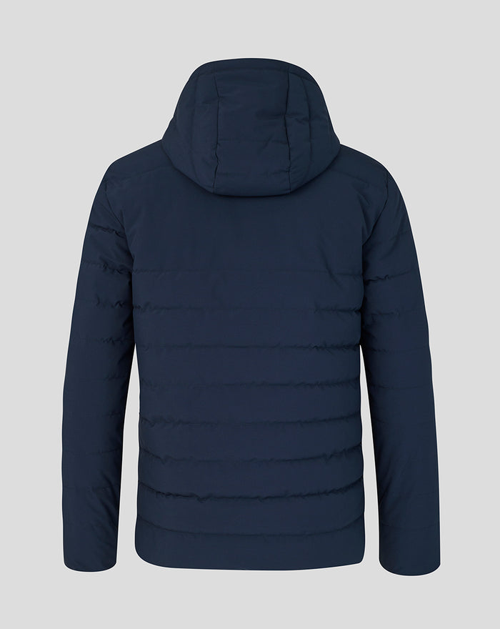 Back view of navy BWT Alpine Travel Collection Winter Jacket with quilted padding and hood