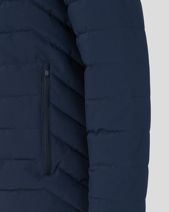 Close-up of the left side zip pocket on the navy BWT Alpine Travel Collection Winter Jacket