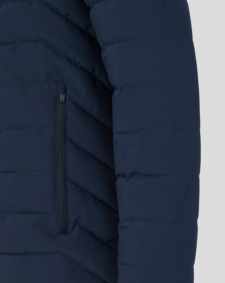 Close-up of the left side zip pocket on the navy BWT Alpine Travel Collection Winter Jacket