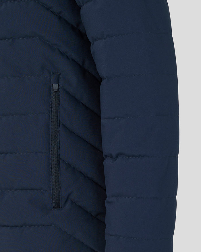 Close-up of the left side zip pocket on the navy BWT Alpine Travel Collection Winter Jacket