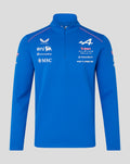 Blue BWT Alpine Formula One Team quarter zip midlayer with sponsor logos across chest and pink shoulder piping.